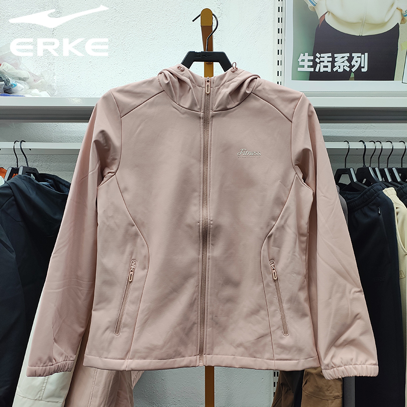 鸿星尔克2025冬季新款女子加厚防风风衣运动连帽外套12225402294