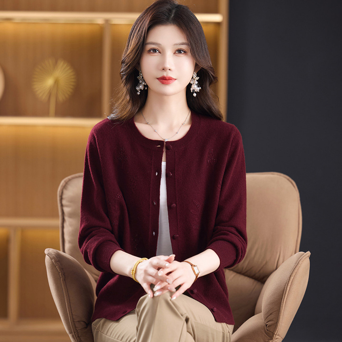 【100%纯山羊绒】上衣秋冬中老年妈妈毛衣针织羊绒衫外套女厚开衫