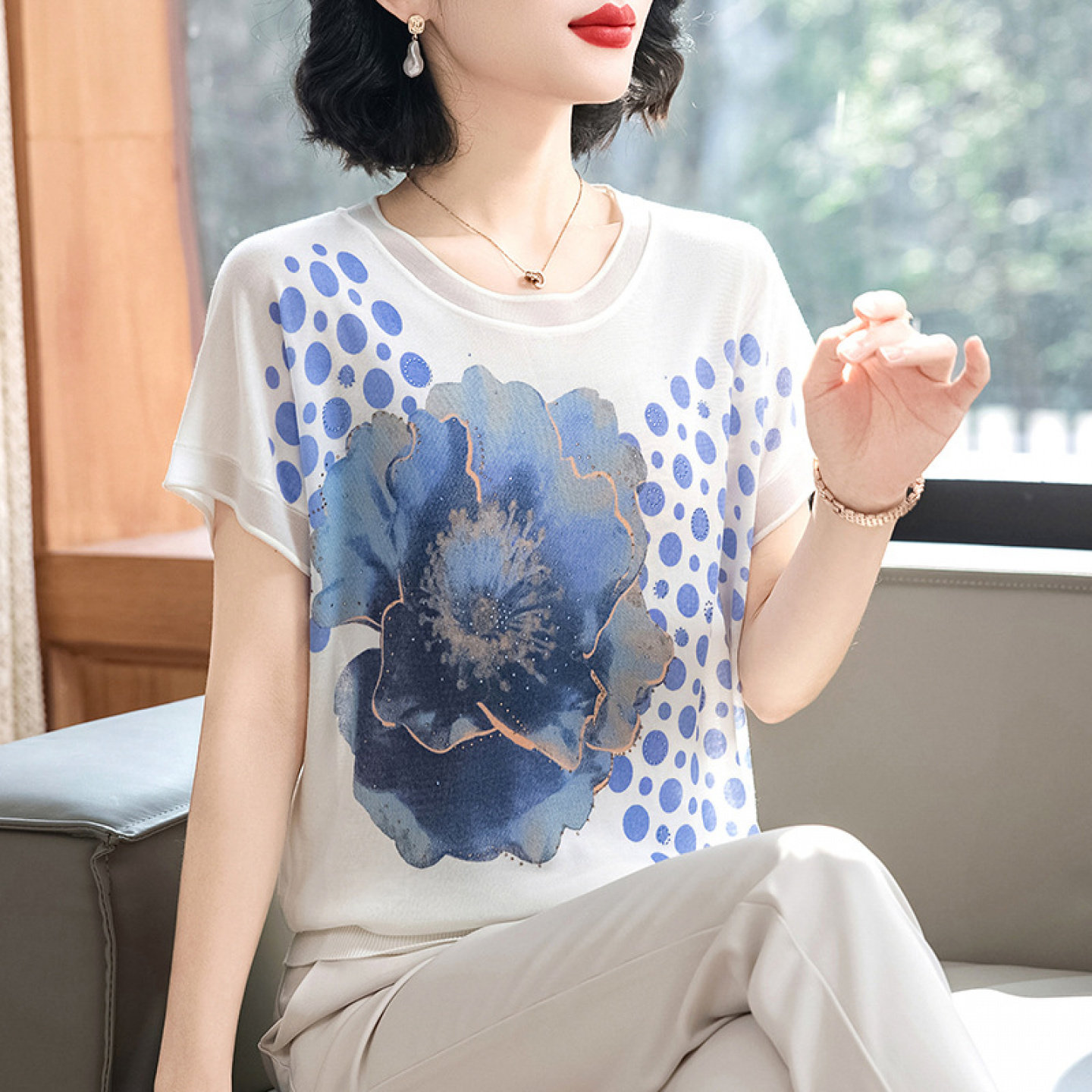 冰凉真丝上衣针织衫中老年女冰丝小衫短袖T恤透气桑蚕丝妈妈夏装