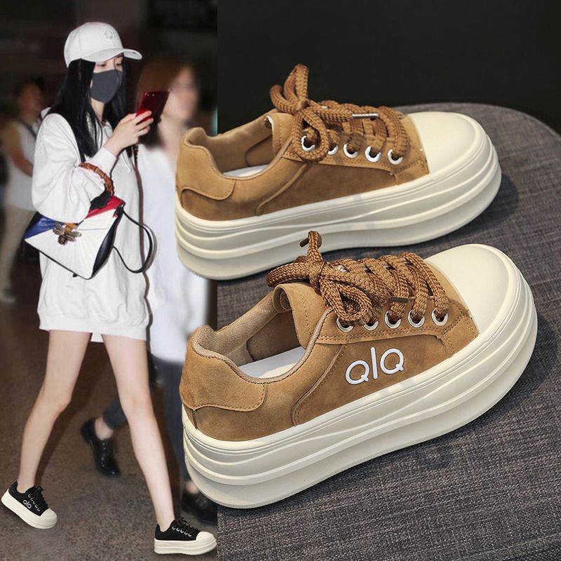 厚底板鞋女头层牛皮运动休闲鞋丑萌大头松糕底单鞋学生鞋红色