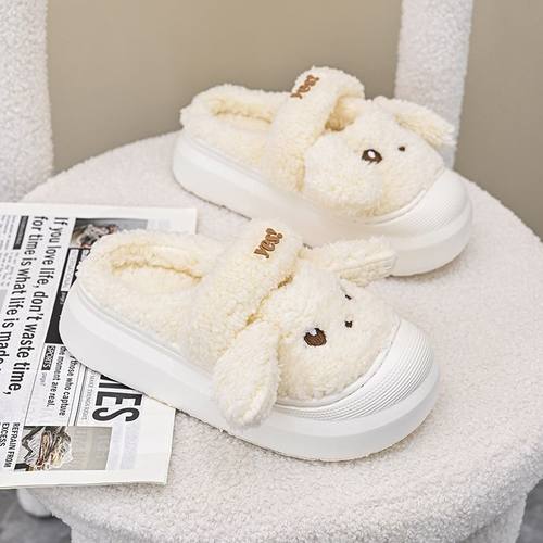 厚底棉拖鞋女冬季外穿可爱斑点奶牛室内家居毛绒保暖防滑情侣拖鞋