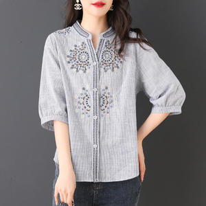 RY1825#中式立领刺绣条纹七分袖女士衬衫2022夏新款中袖衬衣