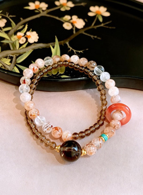 天然黑金超七水晶好运珠双圈手链女茶晶手饰新中式玛瑙跑环手串