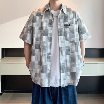 高端格子短袖衬衫男士夏季2026新款速干冰丝薄款衬衣男生痞帅上衣