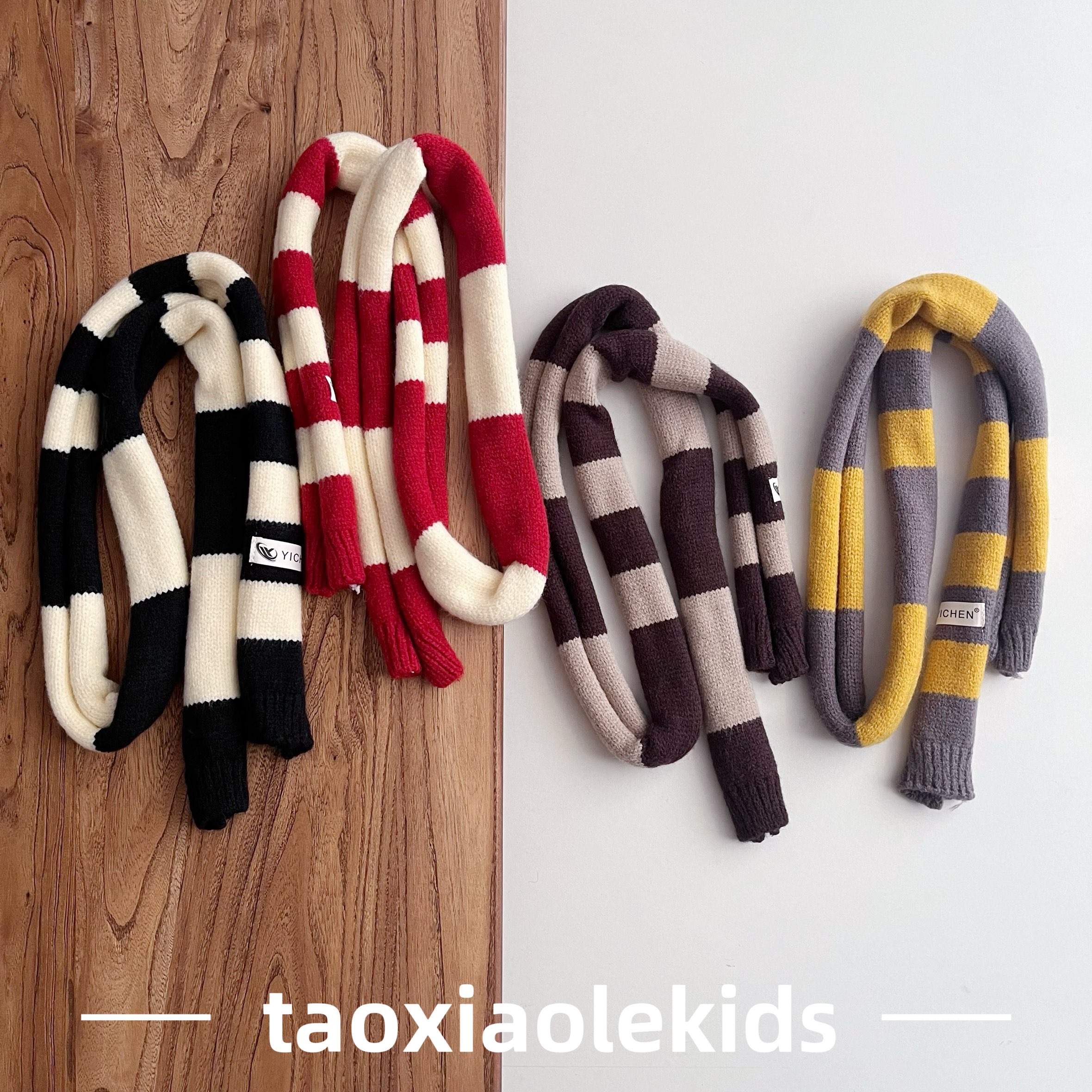 小众款细窄长条针织儿童围巾秋冬男女童穿搭时髦拼色毛线围脖装饰