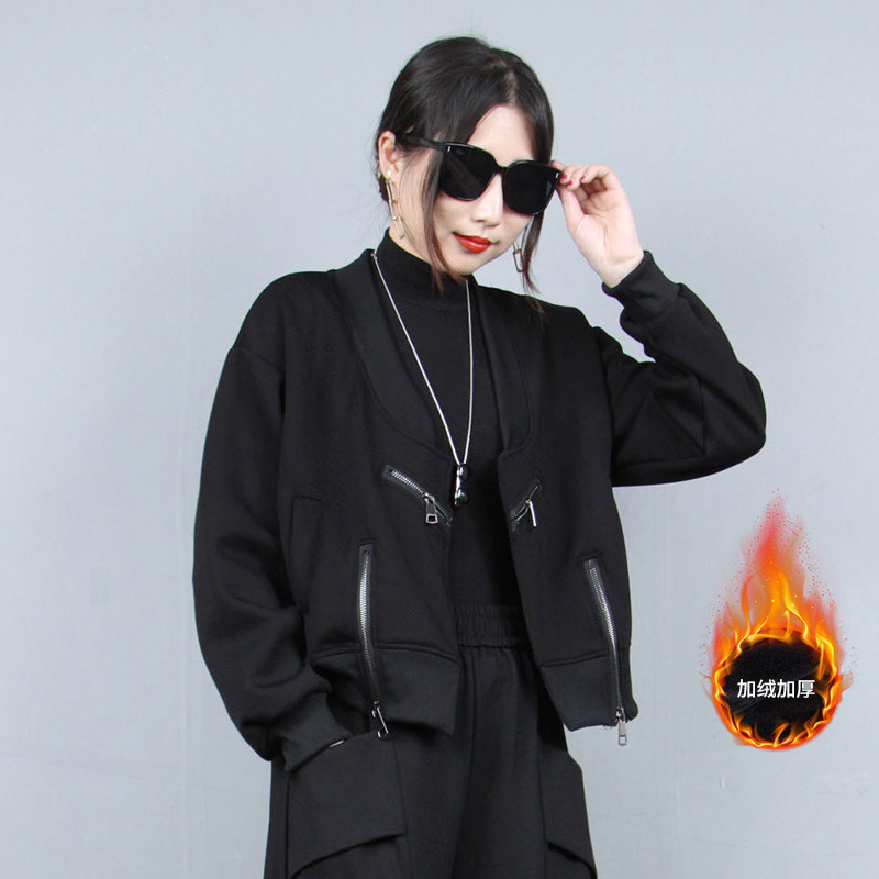 加绒加厚拉链短款夹克外套女2025年冬季时尚宽松厚棉衣黑色上衣潮