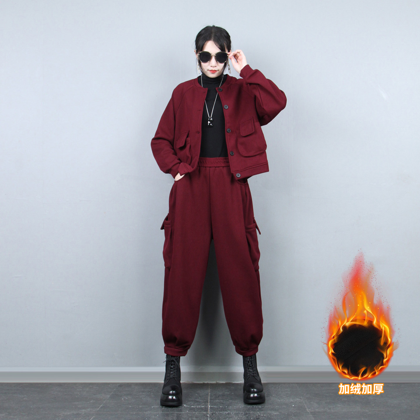 2025冬季加绒加厚短款外套九分裤套装女羊羔绒灯笼裤工装裤两件套,女装/女士精品,时尚套装,淘宝优惠券,粉丝福利购,淘宝优惠卷