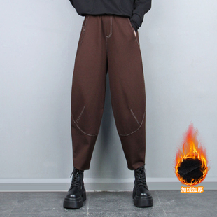 新品 女2025冬季 加绒加厚外穿棉裤 哈伦裤 咖色白线款 保暖垮裤 老爹裤