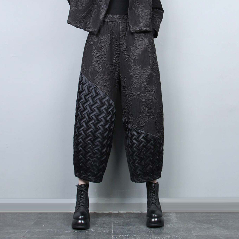 复古提花拼接灯笼裤九分哈伦裤女