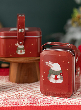 红色圣诞节铁盒伴手礼精美糖果手提小铁盒曲奇圣诞方形马口铁2025