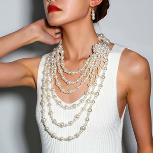 欧美风时尚夸张手工仿珍珠水钻花朵多层项链新娘影楼婚纱拍照配饰