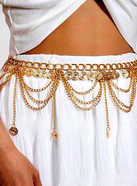 波西米亚汉服腰链敦煌古风金色钱币流苏肚皮舞腰饰女异域腰带配饰