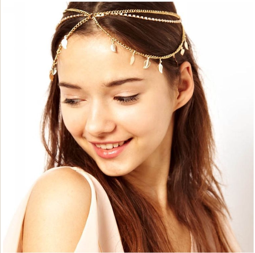 欧美镶钻链条树叶多层流苏发带