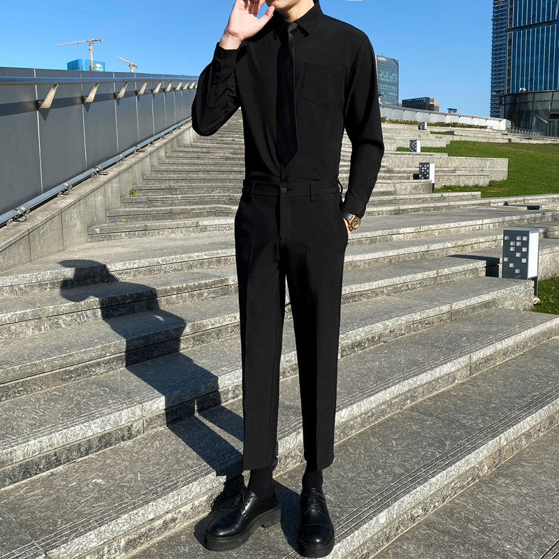 韩版修身一身黑衬衫西裤套装男商务休闲夜场上班正装衬衣长袖显瘦