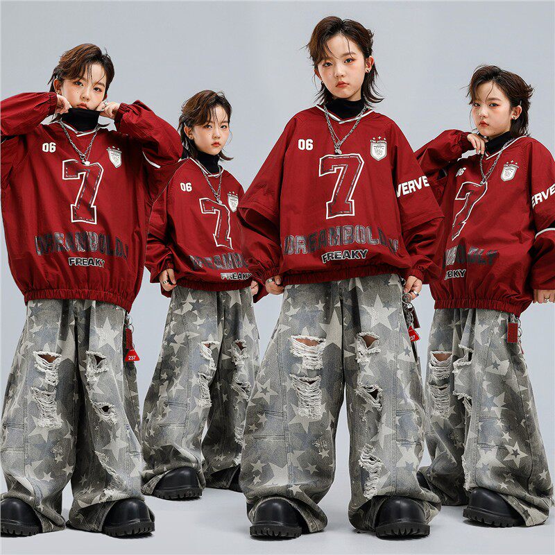 美式儿童街舞复古红卫衣嘻哈练功服港风牛仔幼儿HIPHOP男童表演服