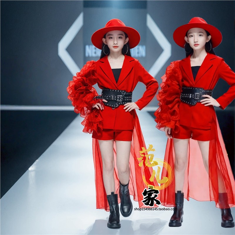 女童红色高定走秀服春晚T台模特表演潮酷拖尾儿童主持人爵士舞服8