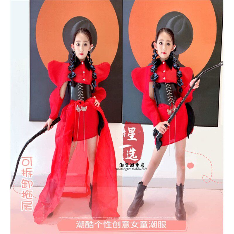 马卡龙走秀潮服走秀潮服女童红色潮服女童模特t桌上型电脑赛车服