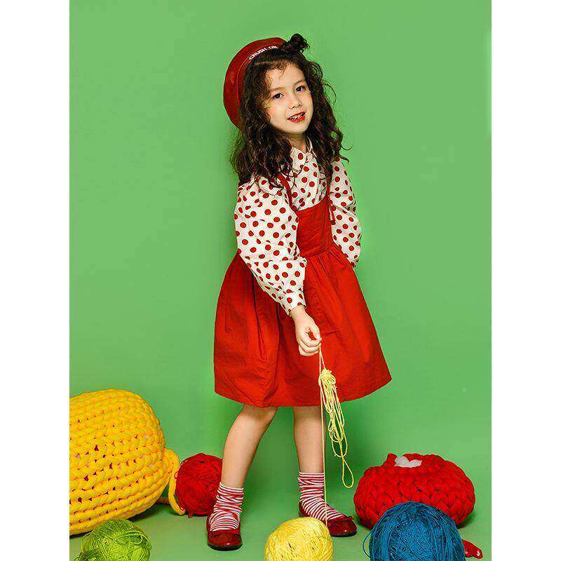 儿童复古服装港风女童装连衣裙波点背带裙子影楼走秀演出服两件套