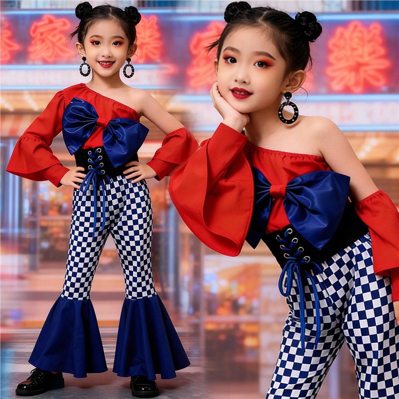 儿童摄影走秀潮服女童8090港风复古喇叭裤时尚模卡拍照演出套装