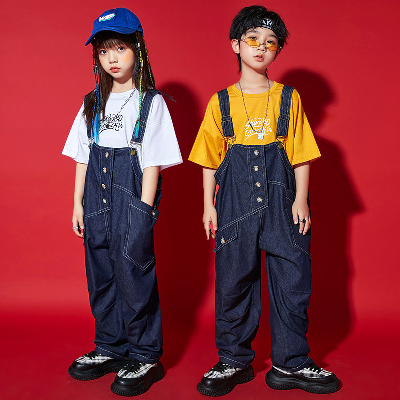 儿童背带裤演出服女童嘻哈街舞套装走秀炸街男童工装潮服HIPHOP夏