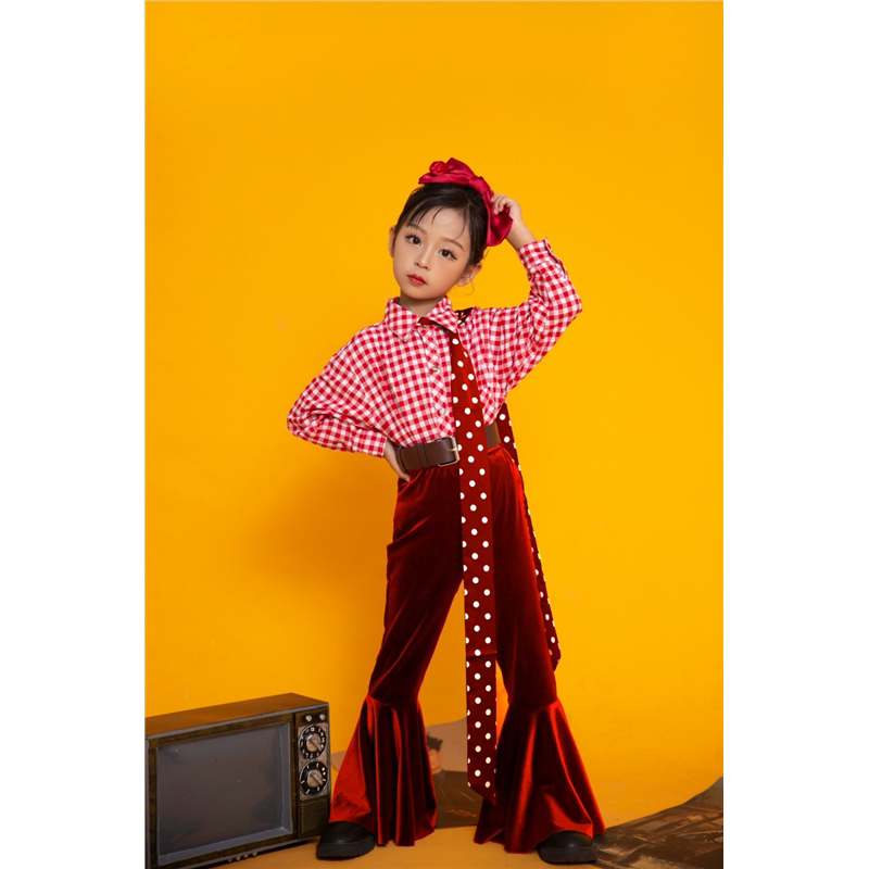 女童70-80年代复古港风喇叭裤亮色多巴胺T台走秀模特演出服机车风