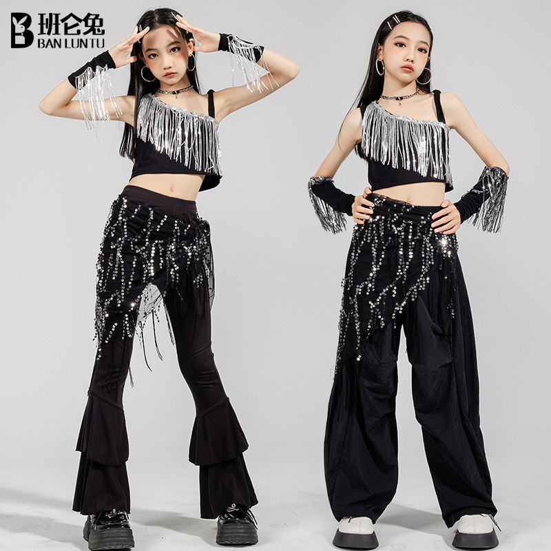 女童露脐jazz爵士舞街舞演出服女团模特走秀练功潮酷流苏表演服