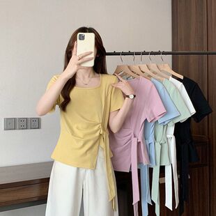 特大码300斤法式不规则绑带方领短袖T恤女胖mm设计感掐腰上衣学生