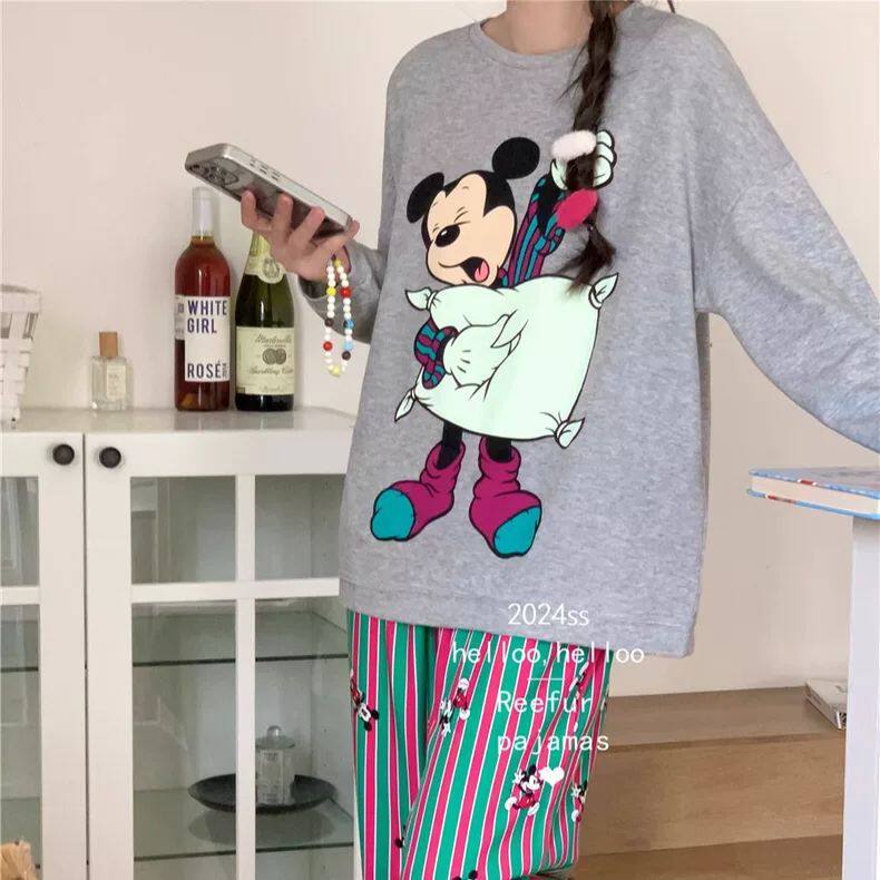 2-300斤加大码卡通米奇抱枕睡衣女胖mm春秋款长袖圆领家居服套装