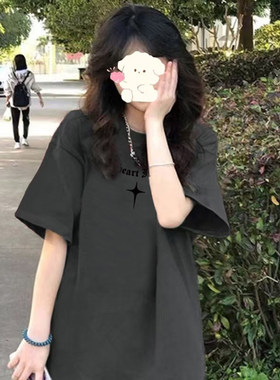 100%纯棉深灰色港风字母印花短袖美式T恤女夏季宽松半袖打底上衣