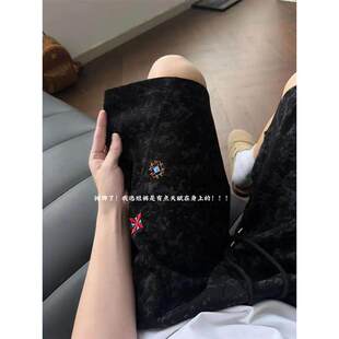 黑色斜切运动健身短裤男款夏季美式扎染刺绣裤子直筒休闲四五分裤