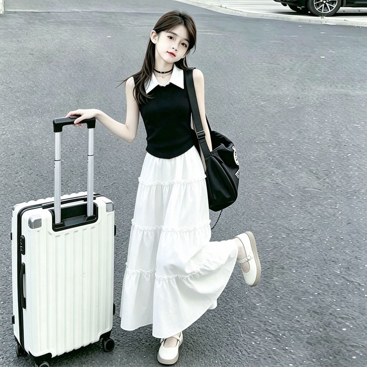 女童夏季黑白无袖蛋糕裙两件套