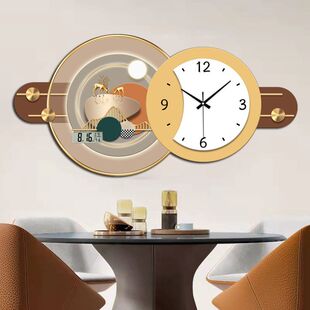 北欧轻奢静音挂钟时尚墙上挂画日历客厅钟表家用餐厅电池时钟挂画