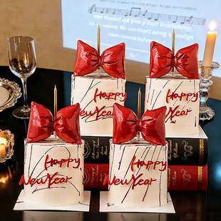 2026新年跨年蛋糕装饰亚克力插件春节皮质立体蝴蝶结丝带装扮摆件