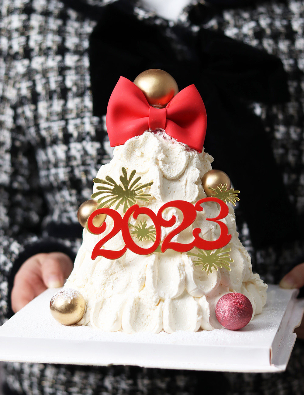 2023新年跨年蛋糕装饰亚克力插牌happynewyear红色蝴蝶结插件装扮