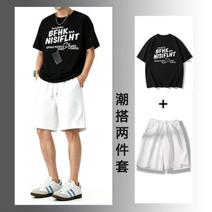 夏季纯棉短袖T恤搭配休闲短裤一整套青少年男装帅气学生潮流套装