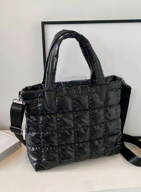 Quilted Padded Tote Bag Nylon Solid Color Satchel Puffer Cro