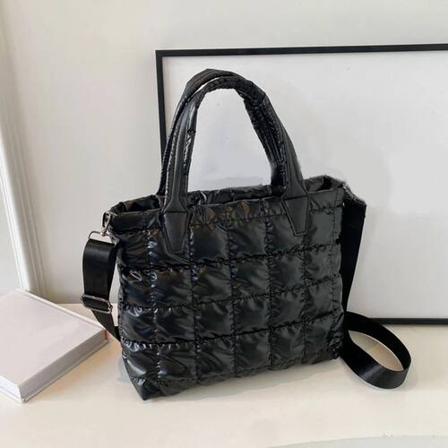 Quilted Padded Tote Bag Nylon Solid Color Satchel Puffer Cro