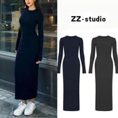 Fit Sleeve Neck Indigo Long for Blue Slim round Dress Wom