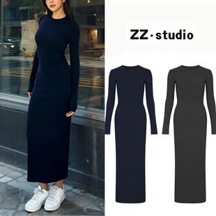 Slim Fit Long Sleeve round Neck Dress in Indigo Blue for Wom