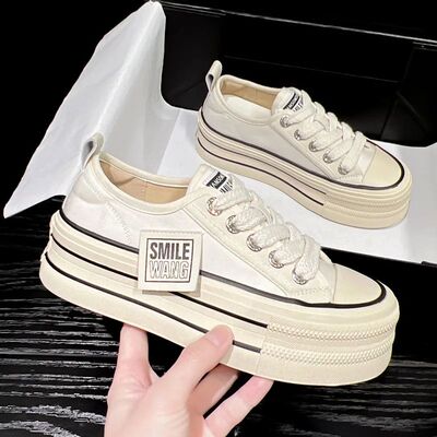 New Women Black White Platform  Shoes Sneakers Lace Up Comfo