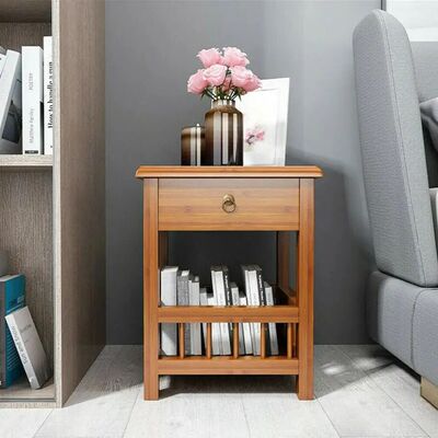 2-Tier Bedside Table Bamboo Sofa Coffee End Table with Drawe