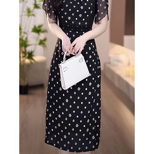 Women's Black Floral Polka Dot Dress Short Sleeve Beaded Nec