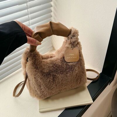 Women Faux Fur Plush Handbags Ruched Handle Small Lady Shoul