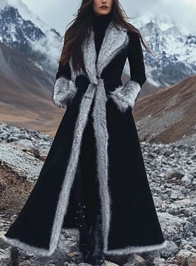 Women's Vintage Black Ethnic Style Silver Fox Fur Trim Suede