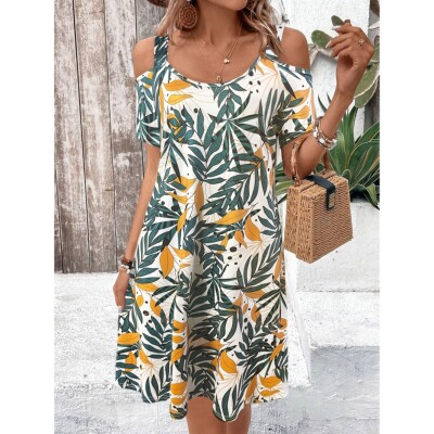 Women's Tropical Leaf Print Cold Shoulder Midi Dress Summer