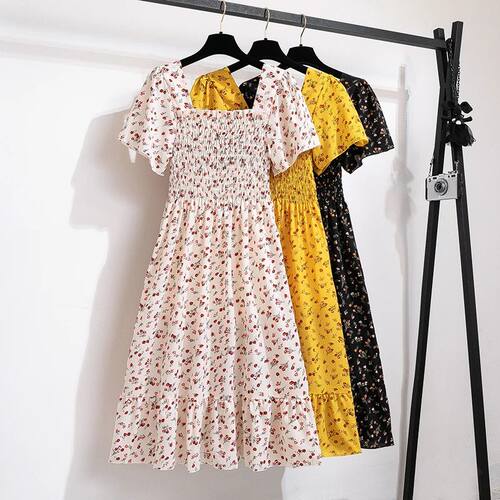 Summer Autumn Fashion Female Short Sleeve Elastic Waist Prin