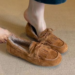 Suede Loafers Shoes Fur Flats Boots Woman 2025 rend Winter F