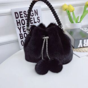 Autumn Winter Women's Handbag Mink Soft Bucket Bag Lady Purs