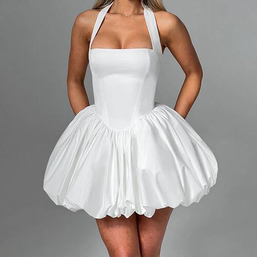 Women Bubble Halter Mini Dress Elegant Summer Sleeveless Tie