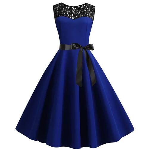 Blue Lace Patchwork Summer Dress Women Elegant Vintage Party